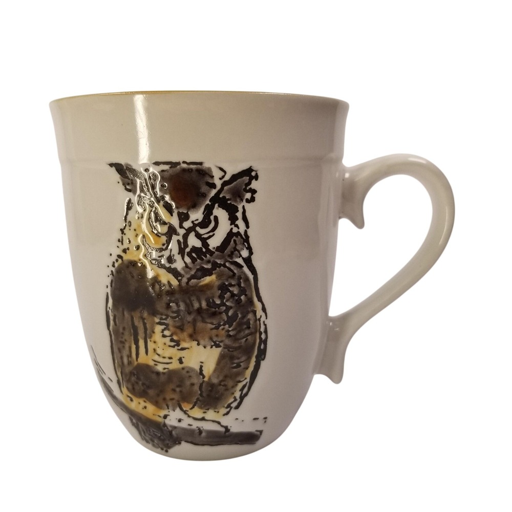 Spectrum Designz Owl Ceramic Coffee Mug White Brown Yellow 16oz Bird Watcher